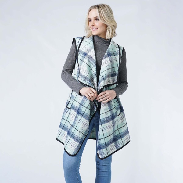 Plaid Drape Collar Vest With Pockets

- One Size Fits Most 0-14
- 100% Polyester 