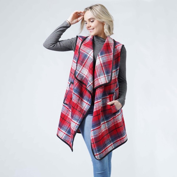 Wholesale plaid Drape Collar Vest Pockets One Fits Most Polyester