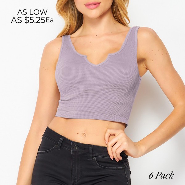 Waffle Round Cut Crop Tank Top (6 Pack)

- Seamless Design
- Slimming Fit
- 92% Nylon / 8% Spandex
- Size Run: 3 S/M - 3 L/XL