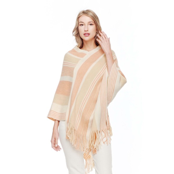 Wholesale striped Knit Poncho Fringe Detail One Fits Most Acrylic