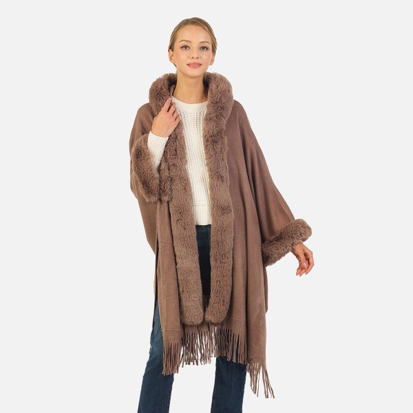 Wholesale solid Color Hooded Kimono Faux Fur Trim One Fits Most Acrylic