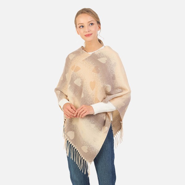 Wholesale soft Knit Poncho Heart Accents Frayed Hem One Fits Most Acrylic