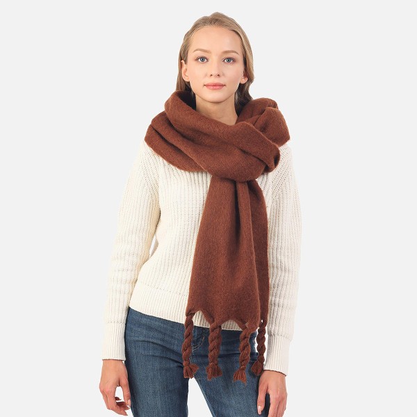 Wholesale fuzzy Knitted Solid Scarf Braided Tassel Polyester