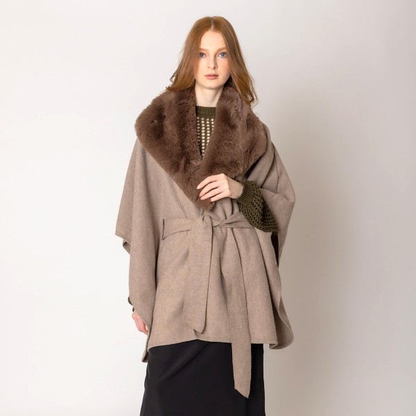 Wholesale faux Fur Collar Belted Kimono One Fits Most Acrylic Polyester Cotton