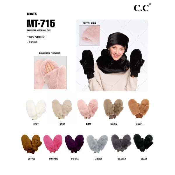 C.C MT-715
Faux Fur Mitten Glove
- One Size
- Convertible Covers
- 100% Polyester