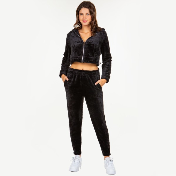 Wholesale soft Faux Fur Fleece Zip Up Cropped Hoodie Jogger Set Faux Fur Lined H