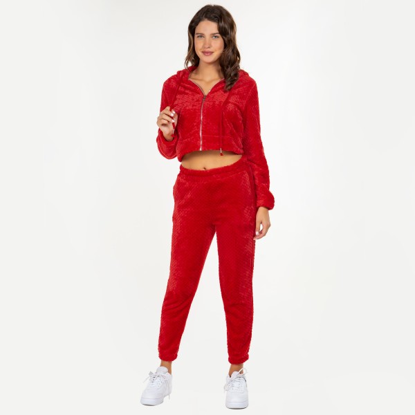 Soft Faux Fur Fleece Zip Up Cropped Hoodie Jogger Set.

- Faux Fur Lined Hoodie With Drawstrings
- Pockets on Both Hoodie and Joggers
- Elastic Waist Band and Leg
- 92% Polyester / 8% Spandex