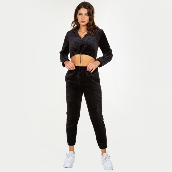 Soft Faux Fur Fleece Half Zip Cropped Hoodie Jogger Set.

- Pull to Tighten Hoodie With Stopper
- Pockets on Joggers
- Elastic Waist Band and Leg
- 92% Polyester / 8% Spandex