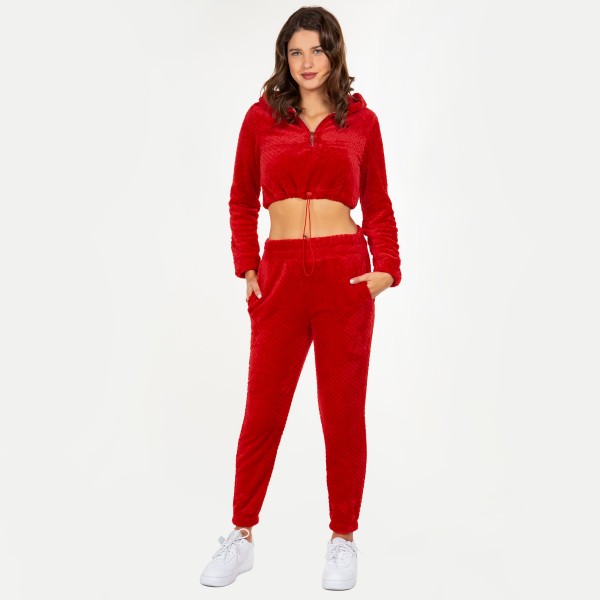 Soft Faux Fur Fleece Half Zip Cropped Hoodie Jogger Set.

- Pull to Tighten Hoodie With Stopper
- Pockets on Joggers
- Elastic Waist Band and Leg
- 92% Polyester / 8% Spandex