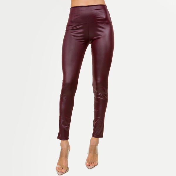 Wholesale solid Faux Leather Waistband Ankle Leggings Waisted Polyester Spandex