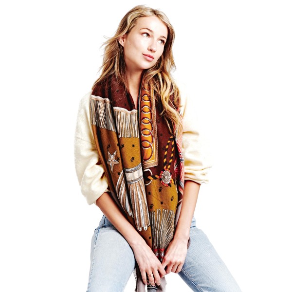 Printed Soft Scarf /Ruana With Fringe Detail -100% Polyester - Approximately 106" L/ 52" W view 5