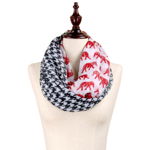 Lightweight infinity scarf with black and white houndstooth and a crimson elephant pattern. 100% Polyester.