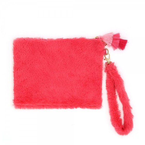 Wholesale faux Fur Wristlet Pouch Handbag Tassel Zipper Pull Full Zip Closure On