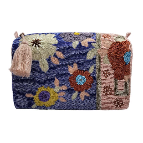 Fully Lined Zipper Beaded Pouch Featuring Embroidered Flower Details 

- Approximately 8" W X 5" L
- Beading On All Sides of Bag 