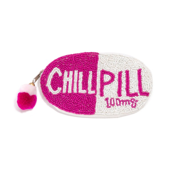 Oval Seed Beaded "Chill Pill" With Pom 

- Zipper Closure 
- Approximately 5.5" Diameter 
 - Canvas Bag 100% Cotton/ Plastic Seed Bead 
