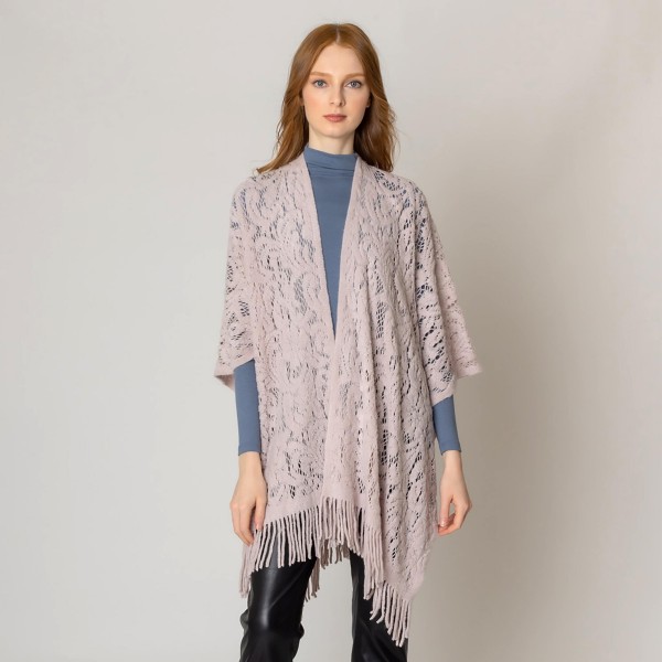Wholesale solid Color Knit Lace Ruana Wrap Tassel Hem One Fits Most Acrylic