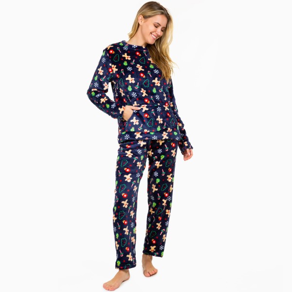 Wholesale super Soft Fleeced Christmas Gingerbread Man Print Pajama Set Inseam S