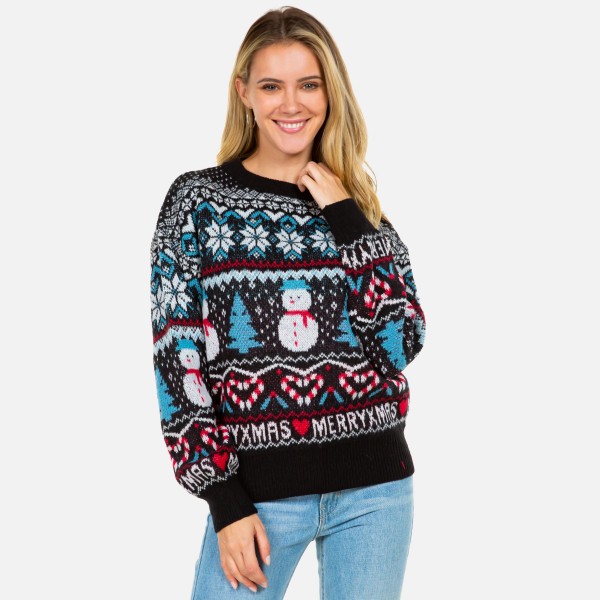 Knitted Christmas Sweater with Snowman and Snowflakes Print.

- S/M Fits US Women's Sizes 0-8
- M/L Fits US Women's Sizes 10-14
-100% Polyester