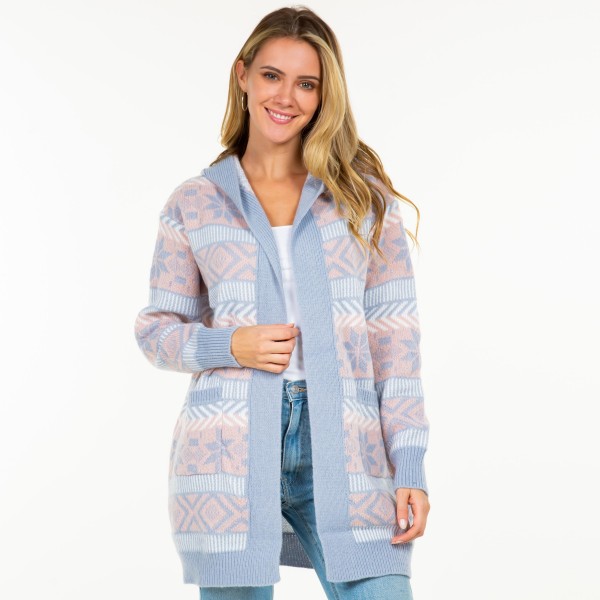 Wholesale knit Abstract Nordic Snowflake Printed Open Cardigan Hood Pockets Poly