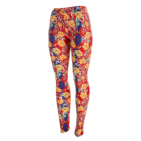 Red peach skin leggings with a multicolored floral print. Polyester and spandex blend. One size fits most.