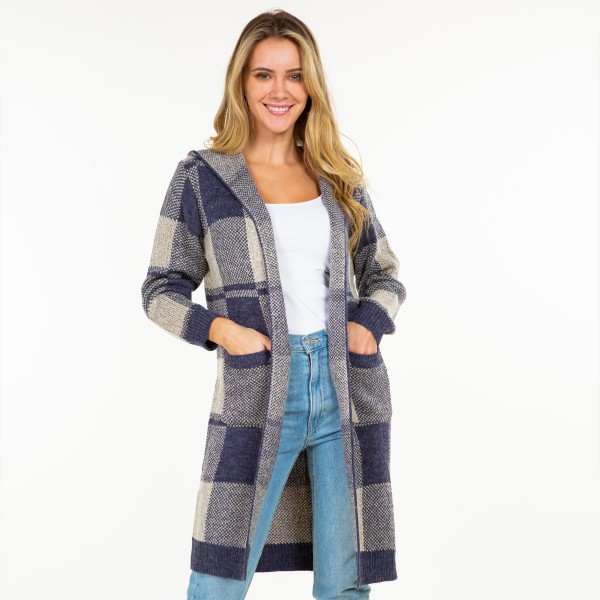 Wholesale knit Plaid Long Open Cardigan Hood Pockets S M Fits US Women s M L Fit
