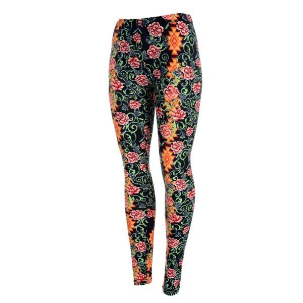 Black peach skin leggings with a multicolored floral print. Polyester and spandex blend. One size fits most.