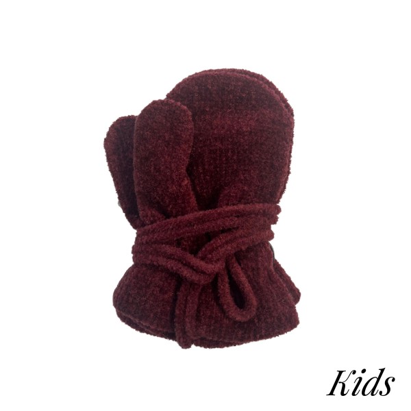 Solid Color Knit Mittens With Fuzzy Lace Ties.

- Fits Most Kids (3-5 Years)
- 100% Acrylic