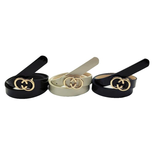Wholesale set Faux Leather Belt Gold Double Circle Belt Buckle Black One White W