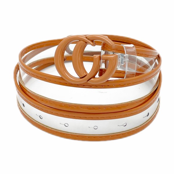 Clear Belt With Leather Hemlines and Matching Interlocking Buckle 

- One Size Fits Most 
- Adjustable 28"-39" 
- Approximately 42" L
