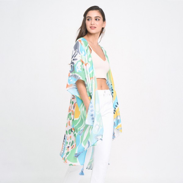 Wholesale do Everything Love Tropical Floral Print Kimono Tassel Details One Fit