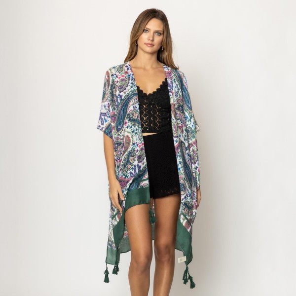 Wholesale do Everything Love Flower Paisley Print Kimono Tassel Detail One Fits