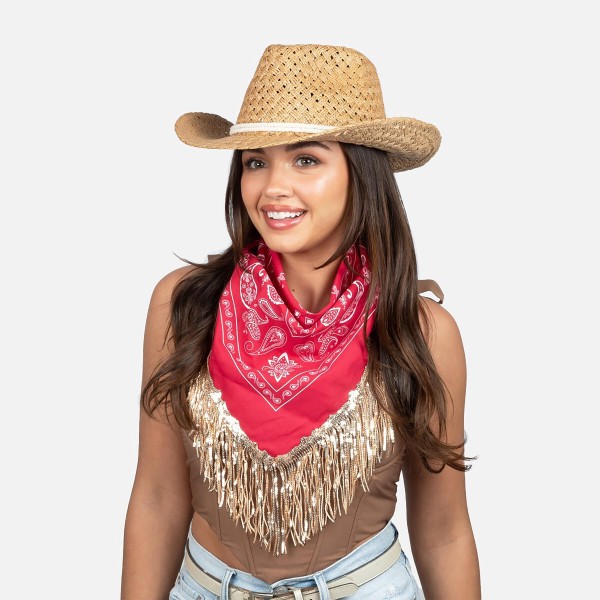 Sequin Fringe Bandana Scarf

- Approximately 21" L x 21" W
- 100% Cotton