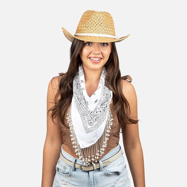 Pearl Fringe Bandana Scarf

- Approximately 21" L x 21" W
- 100% Cotton