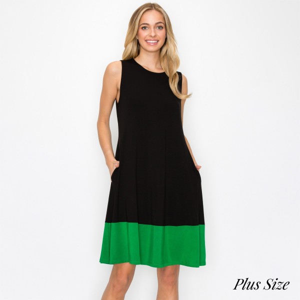 Women’s Sleeveless Dress With Colorblock Trim

- Knee-length
- A-line design
- Sleeveless
- Scooped neckline
- Rayon fabric
- Colorblock Trim
- Two hidden side pockets
- 95% Rayon, 5% Spandex