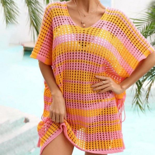 Wholesale pink Yellow Color Block Knit Swimsuit Cover Up One Fits Most Polyester