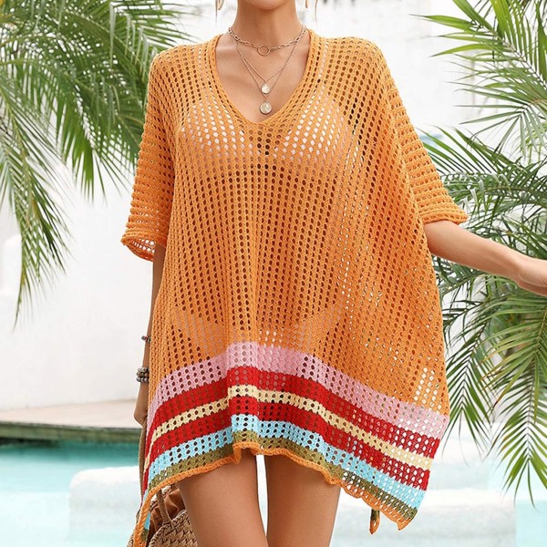 Wholesale orange Knit Swimsuit Cover Up Multi Color Stripe Detail One Fits Most