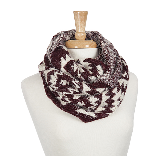 Wholesale burgundy heavyweight aztec pattern infinity scarf made acrylic