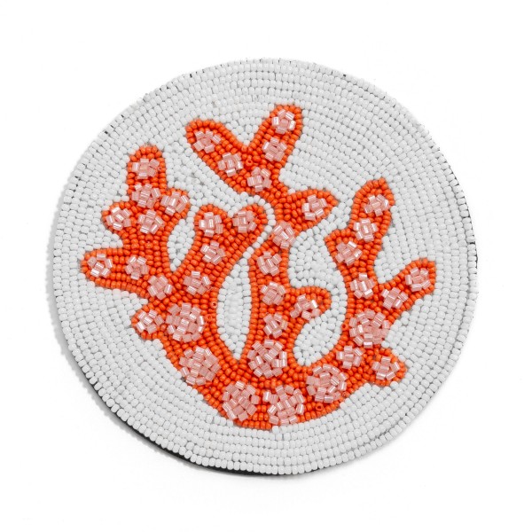 Seed Beaded Coral Drink Coaster 

- Approximately 4" D 