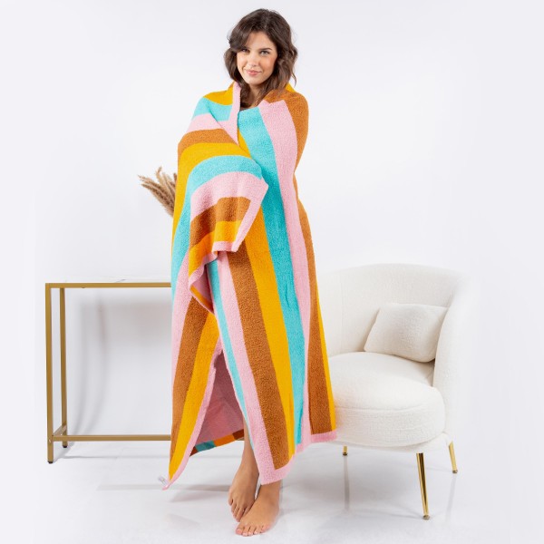 Multi Colored Stripe Brushed Poly Microfiber Throw Blanket.
- Approximately 50" W x 60" L
- 100% Polyester
- Extra Plush and Cozy