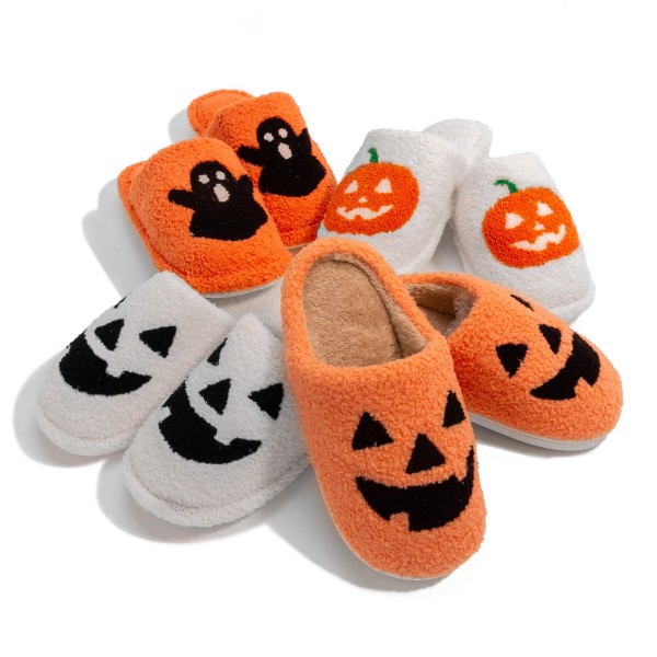 Plush Jack O Lantern Halloween Slide On Slippers - US Women's Size: S/M (6-8) M/L (8-10) - 100% Polyester - Rubber Sole view 5