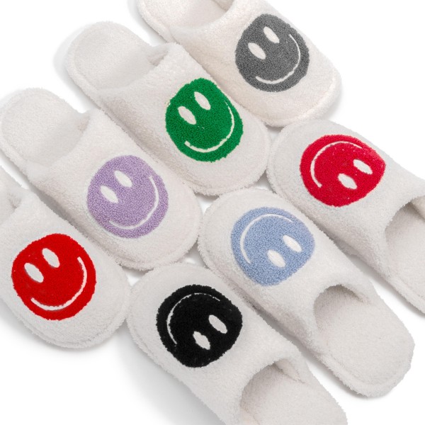 Plush Happy Face Slide On Slippers - US Women's Size: S/M (6-8) M/L (8-10) - 100% Polyester - Rubber Sole view 5