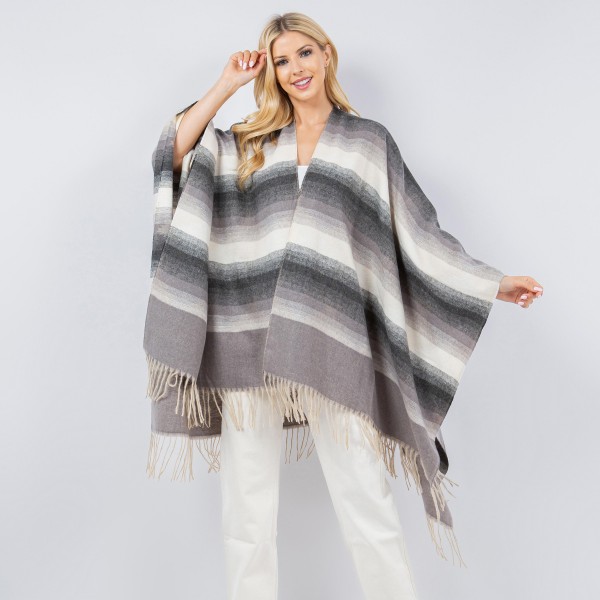 Soft Knit Stripe Kimono Ruana With Fringe Tassel

- One Size Fits Most 0-14
- 100% Polyester