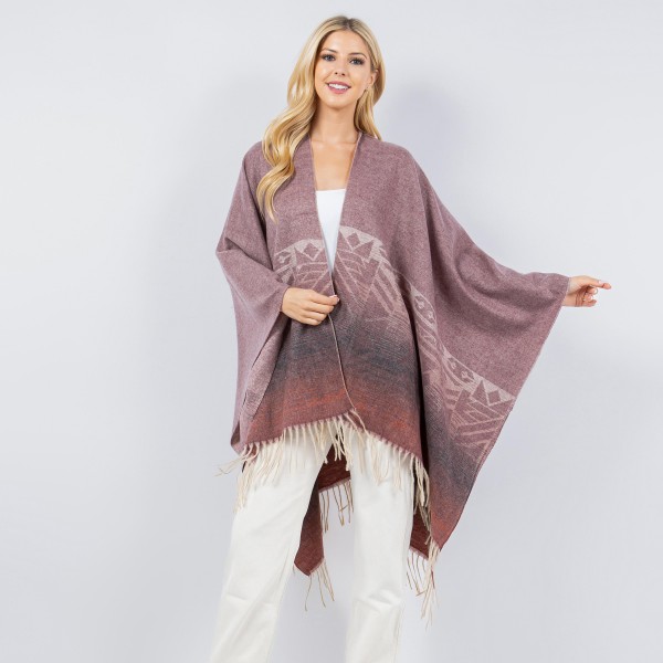 Soft Knit Ombre Aztec Print Kimono Ruana With Fringe Tassel

- One Size Fits Most 0-14
- 100% Polyester