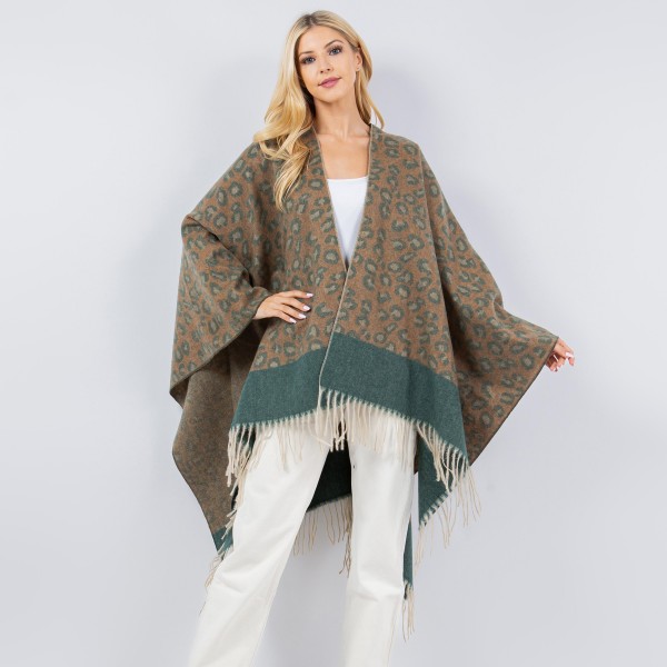 Wholesale soft Knit Leopard Print Kimono Ruana Bold Contrast Stripe Fringe Tasse