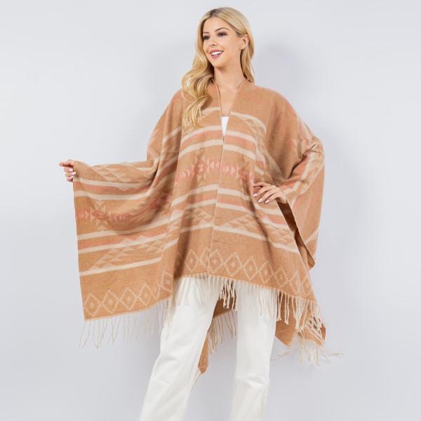 Soft Knit Aztec Print Kimono Ruana With Fringe Tassel

- One Size Fits Most 0-14
- 100% Polyester