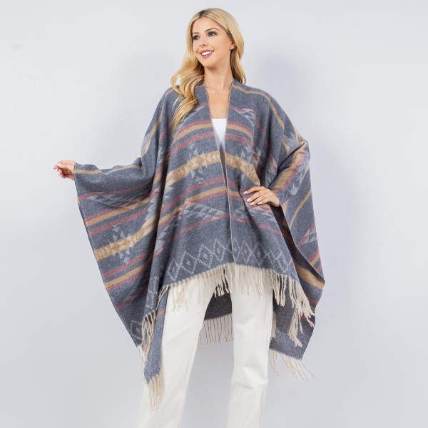 Soft Knit Aztec Print Kimono Ruana With Fringe Tassel

- One Size Fits Most 0-14
- 100% Polyester