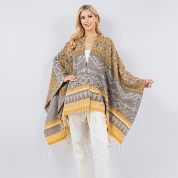 Soft Knit Aztec Print Kimono Ruana With Fringe Tassel

- One Size Fits Most 0-14
- 100% Polyester