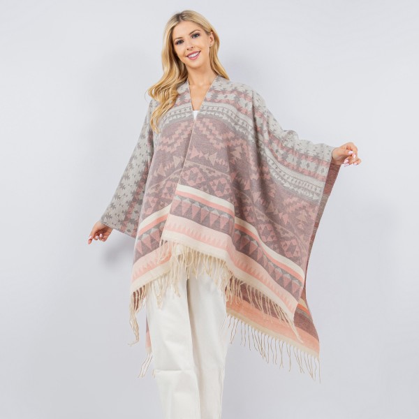 Soft Knit Aztec Print Kimono Ruana With Fringe Tassel

- One Size Fits Most 0-14
- 100% Polyester