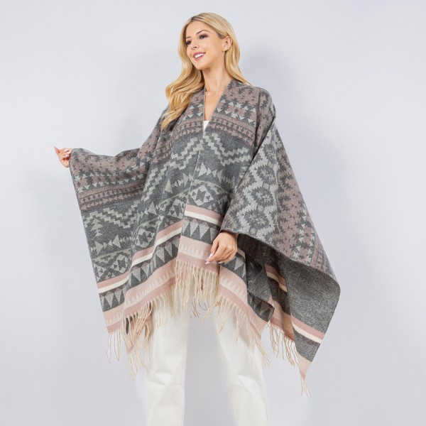 Soft Knit Aztec Print Kimono Ruana With Fringe Tassel

- One Size Fits Most 0-14
- 100% Polyester