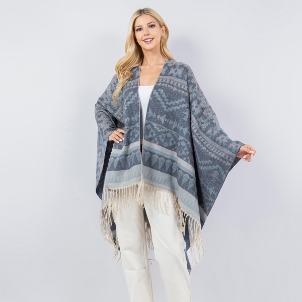 Soft Knit Aztec Print Kimono Ruana With Fringe Tassel

- One Size Fits Most 0-14
- 100% Polyester